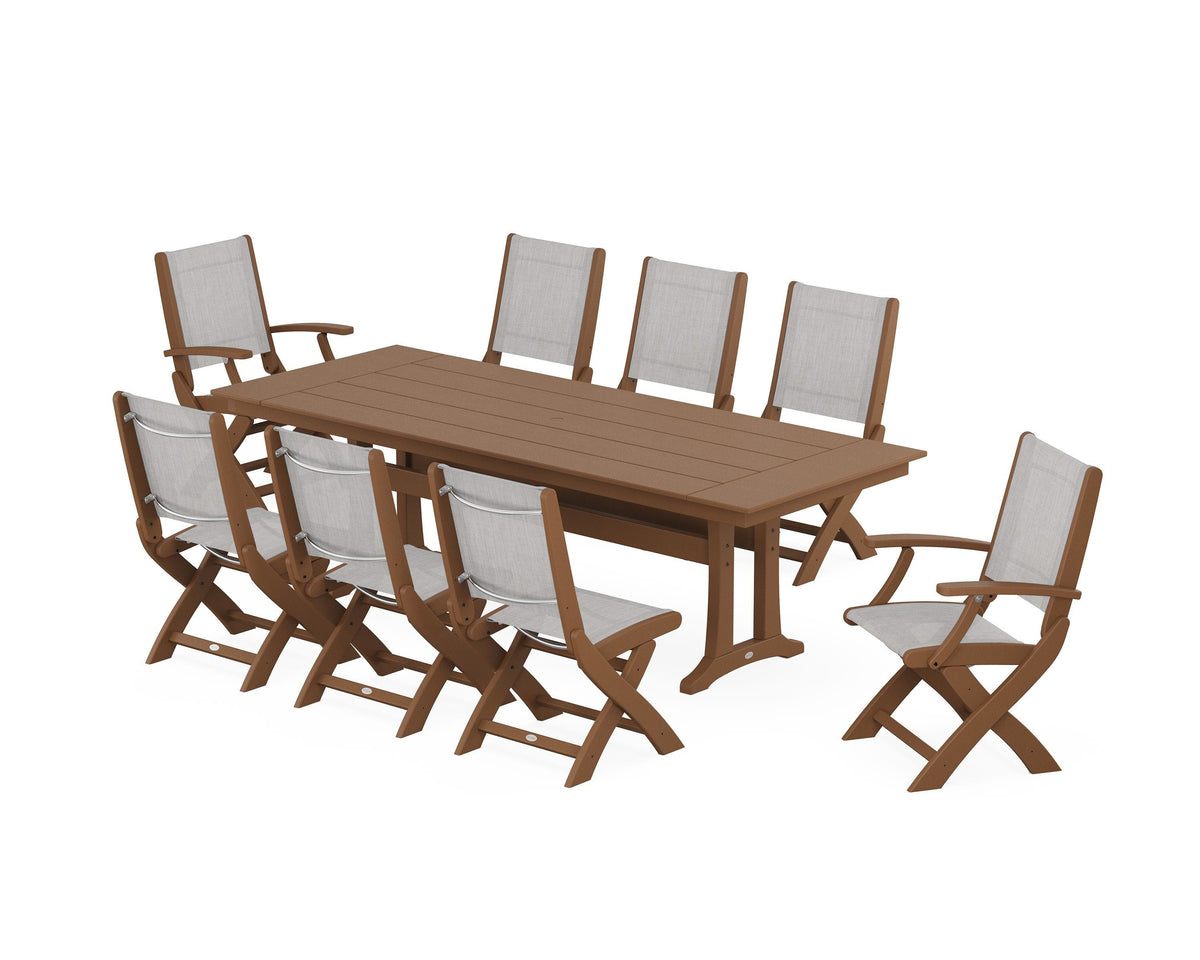 POLYWOOD Coastal 9-Piece Folding Dining Chair Farmhouse Dining Set with Trestle Legs in Teak / Parchment