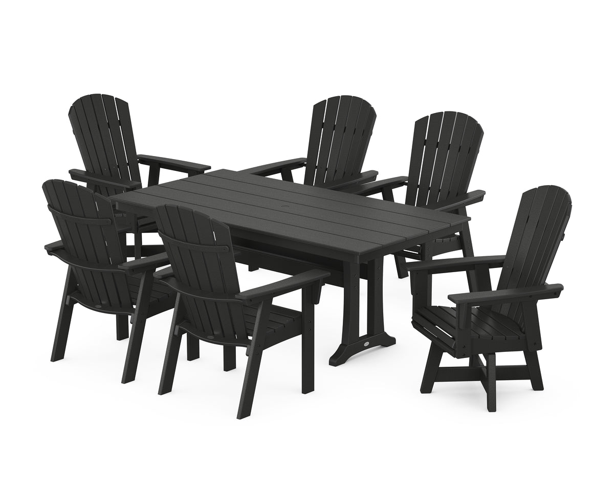 POLYWOOD Nautical Curveback Adirondack Swivel Chair 7-Piece Farmhouse Dining Set with Trestle Legs in Black