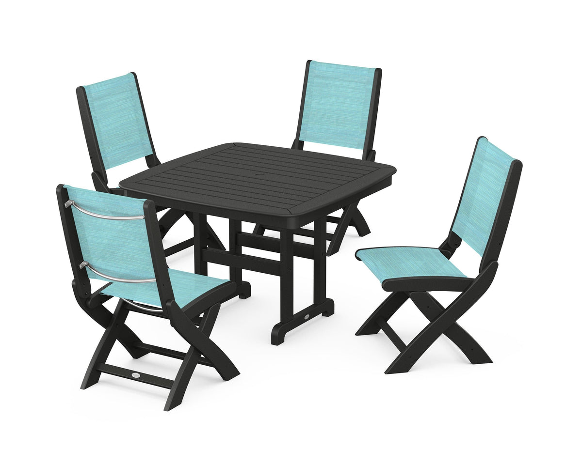 POLYWOOD Coastal Folding Side Chair 5-Piece Dining Set with Nautical 44" Dining Table in Black / Dupioni Aquamarine