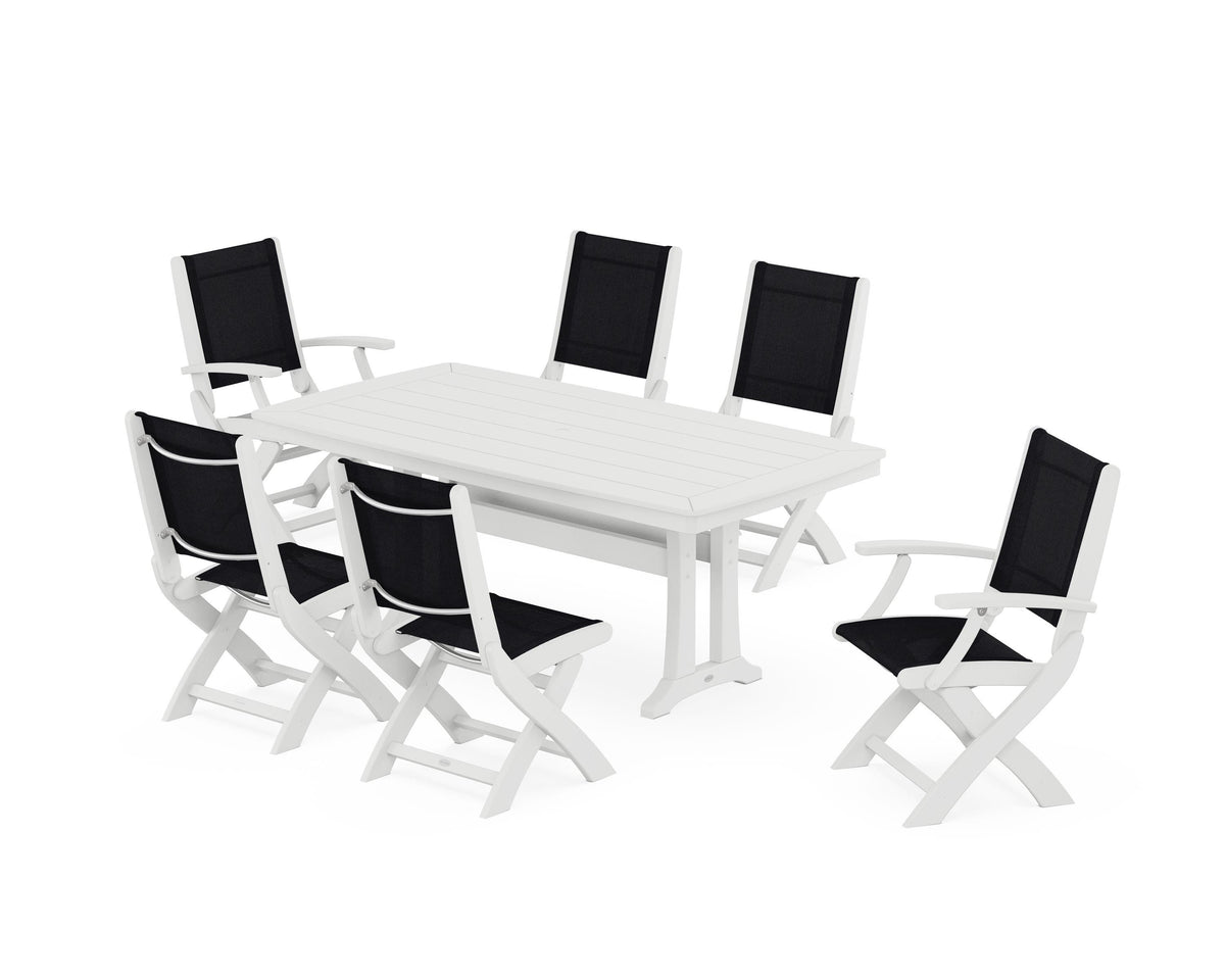 POLYWOOD Coastal Folding Chair 7-Piece Dining Set with Trestle Legs with Nautical Trestle 38" x 73" Dining Table in White / Black