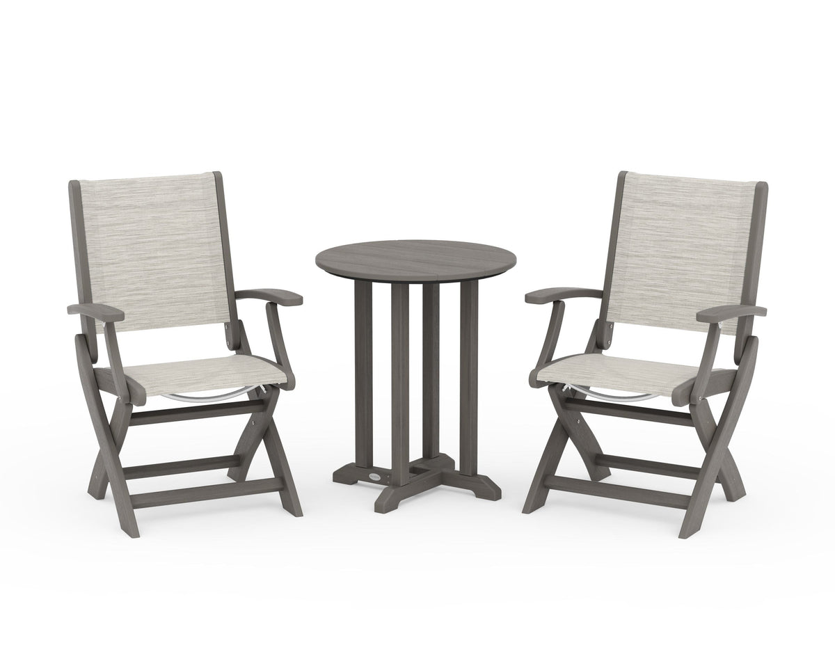 POLYWOOD Coastal Folding 3-Piece Round Bistro Dining Set in Driftwood / Birch