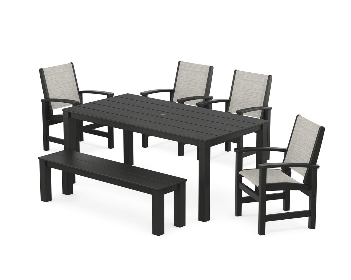 POLYWOOD Coastal 6-Piece Parsons Dining Set with Bench in Black / Birch