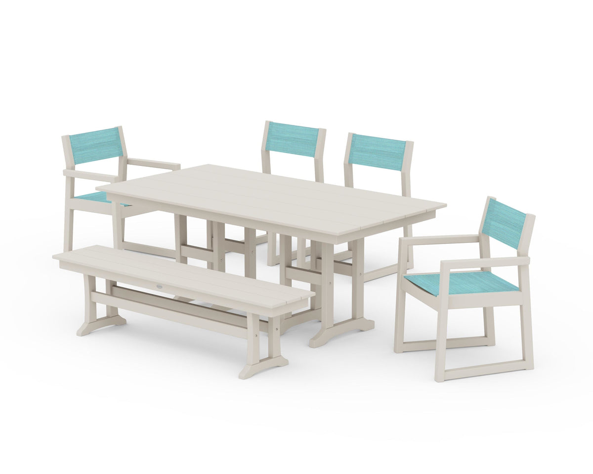 POLYWOOD EDGE Sling 6-Piece Farmhouse Dining Set in Sand / Dupioni Aquamarine