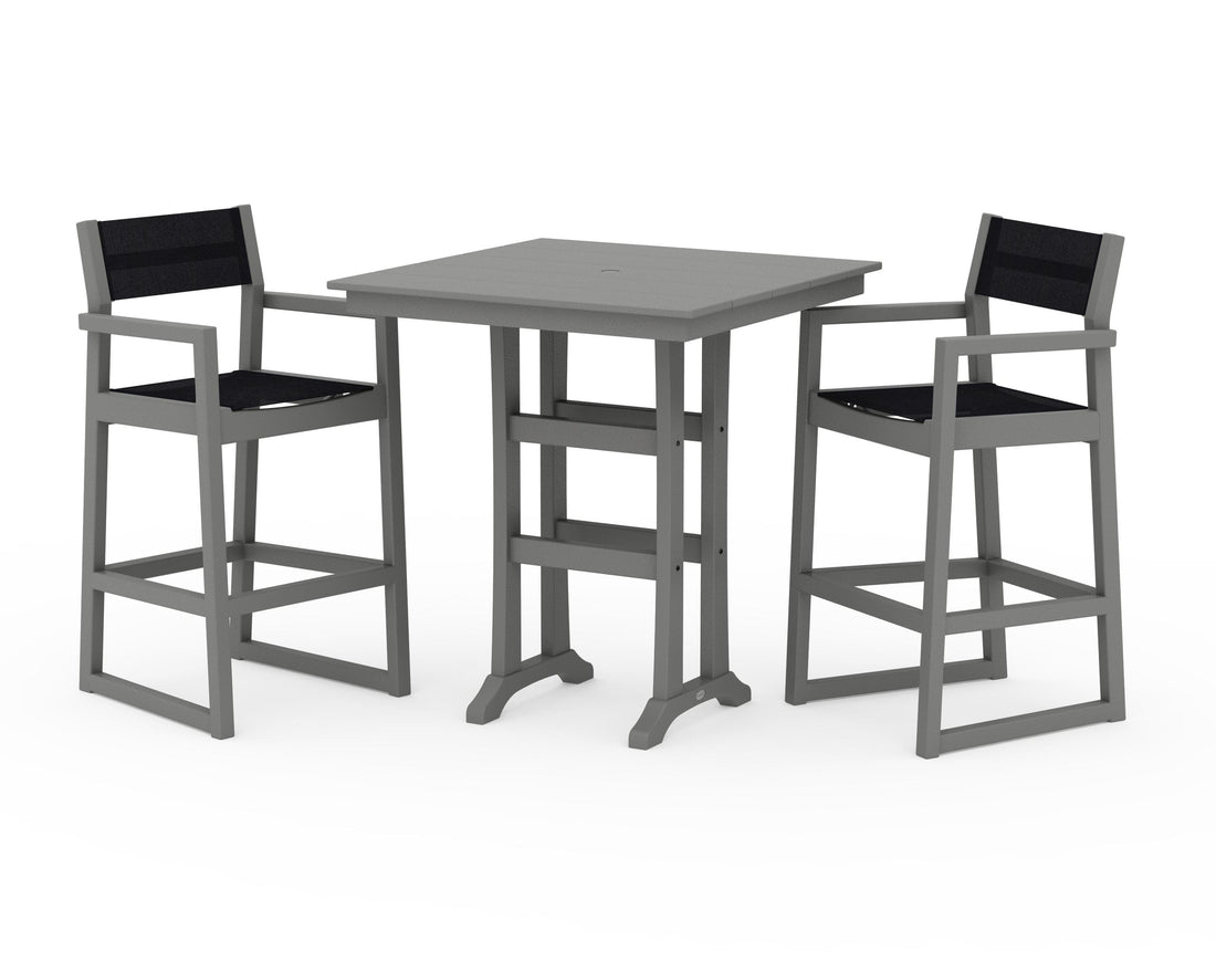 POLYWOOD EDGE Sling Arm Chair 3-Piece Farmhouse Bar Set with Trestle Legs in Slate Grey / Black