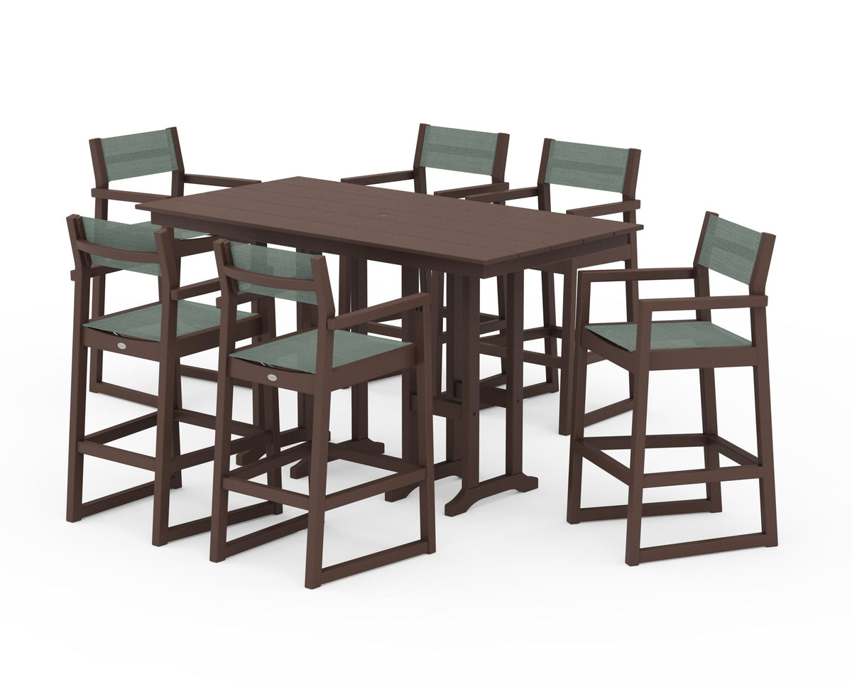 POLYWOOD EDGE Sling Arm Chair 7-Piece Farmhouse Bar Set in Mahogany / Dupioni Sea Mist