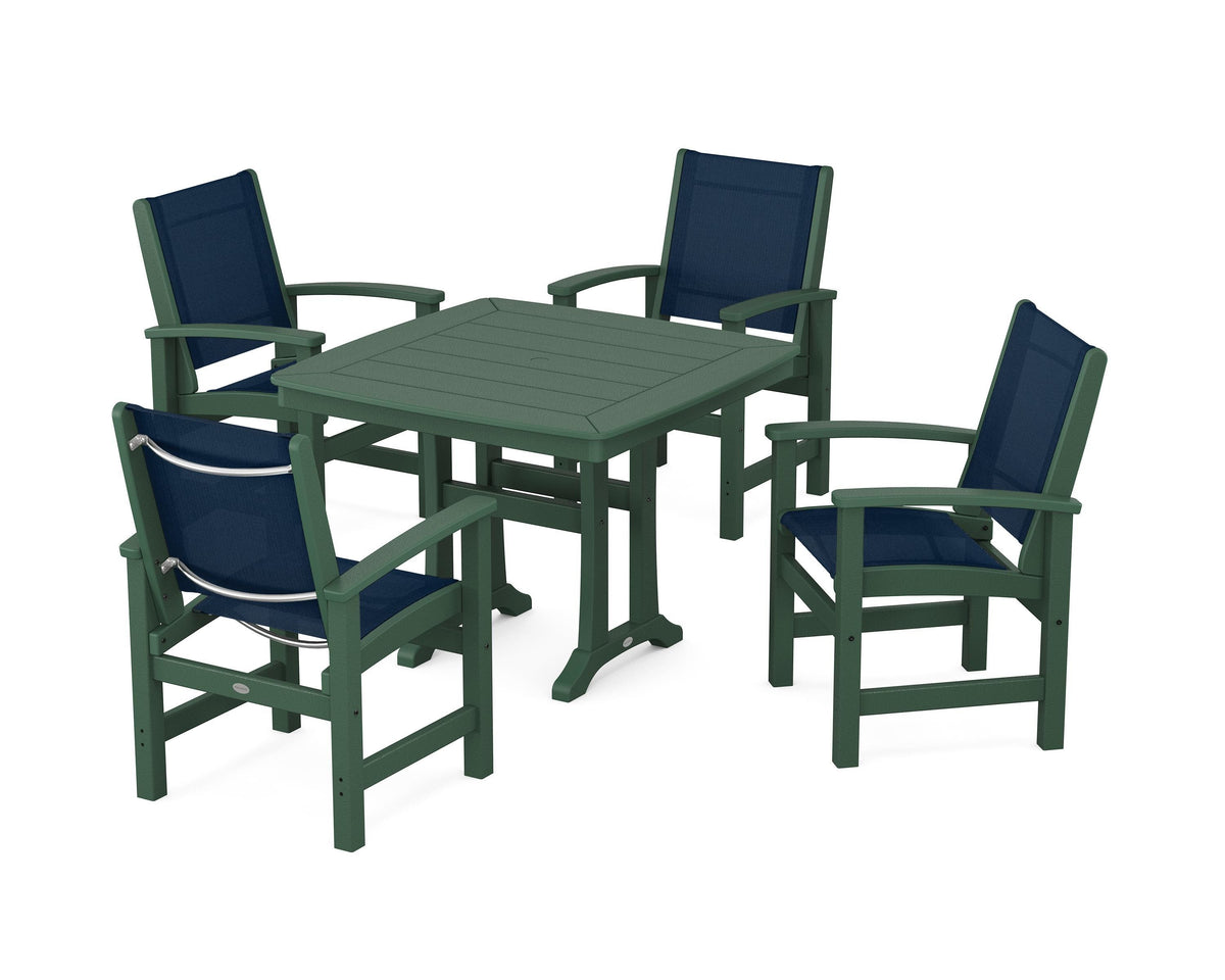 POLYWOOD Coastal 5-Piece Dining Set with Trestle Legs with Nautical Trestle 37" Dining Table in Green / Navy Blue