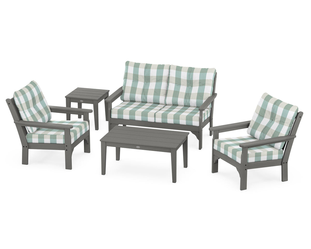 POLYWOOD Vineyard 5-Piece Deep Seating Set with Two Chairs and Loveseat in Slate Grey / Buffalo Plaid Glacier Spa