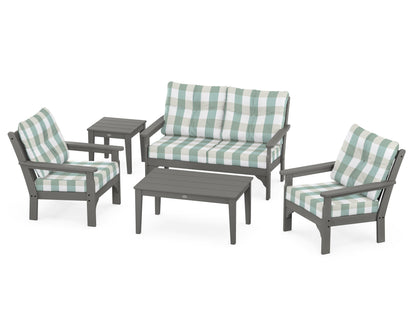 POLYWOOD Vineyard 5-Piece Deep Seating Set with Two Chairs and Loveseat in Slate Grey / Buffalo Plaid Glacier Spa
