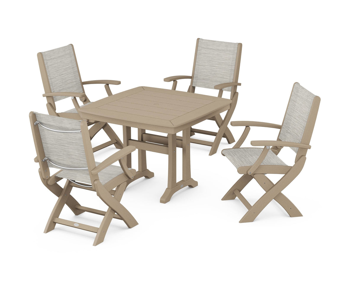 POLYWOOD Coastal Folding Chair 5-Piece Dining Set with Trestle Legs in Vintage Sahara / Birch
