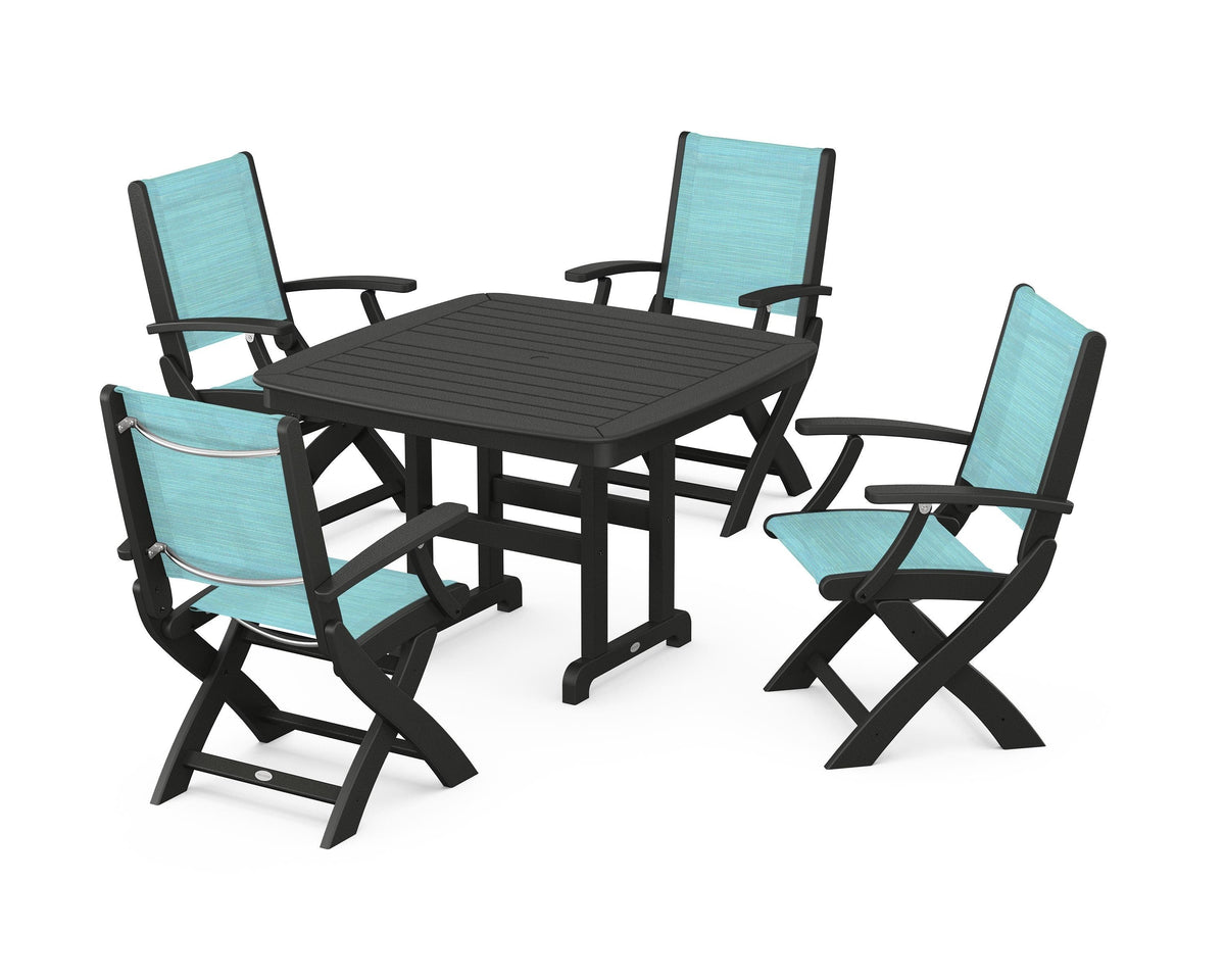 POLYWOOD Coastal Folding Chair 5-Piece Dining Set with Nautical 44" Dining Table in Black / Dupioni Aquamarine