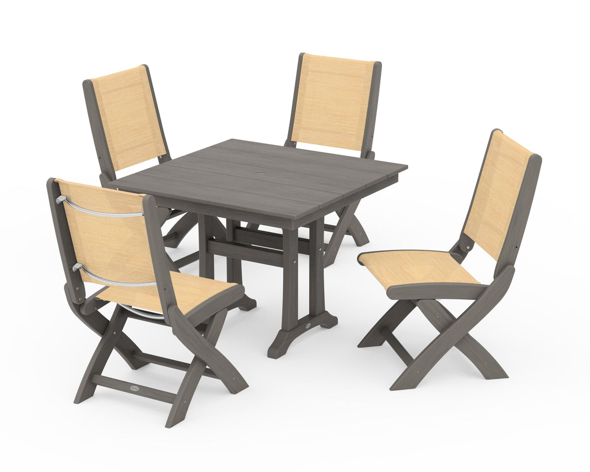 POLYWOOD Coastal Folding Side Chair 5-Piece Farmhouse Dining Set With Trestle Legs in Driftwood / Dupioni Apricot