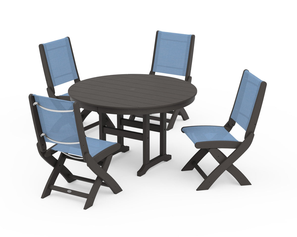 POLYWOOD Coastal Folding Side Chair 5-Piece Round Dining Set in Vintage Coffee / Poolside