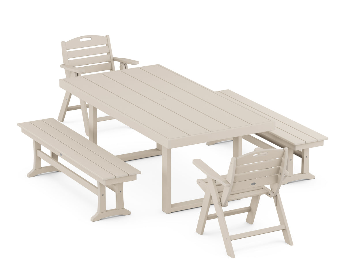 POLYWOOD Nautical Lowback 5-Piece Dining Set with Benches - 39" x 78" Table in Sand