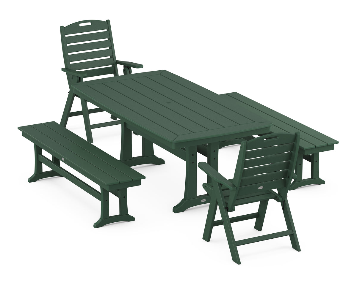 POLYWOOD Nautical Folding Highback Chair 5-Piece Dining Set with Trestle Legs and Benches in Green