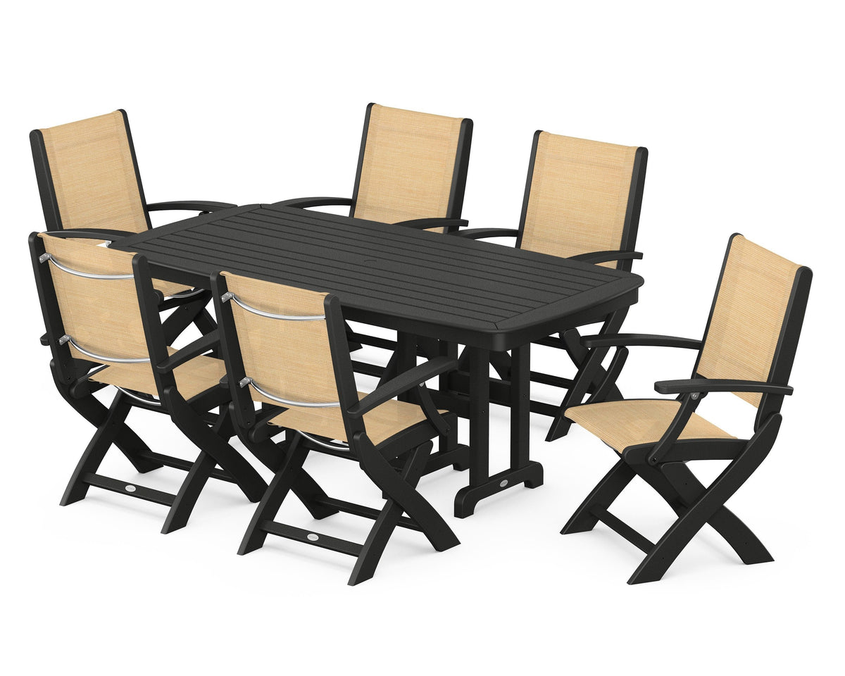 POLYWOOD Coastal Folding Arm Chair 7-Piece Dining Set in Black / Dupioni Apricot