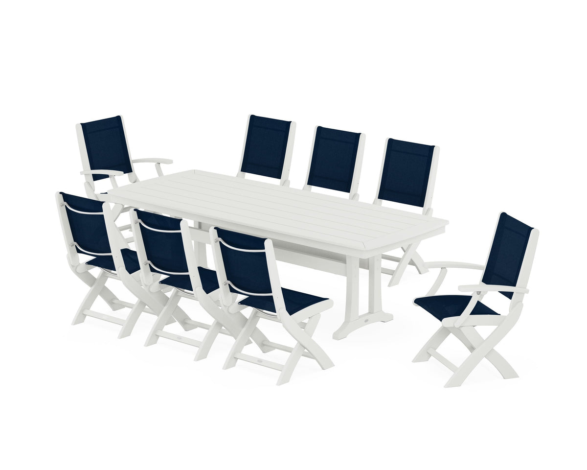 POLYWOOD Coastal Folding 9-Piece Dining Set with Trestle Legs in Vintage White / Navy Blue