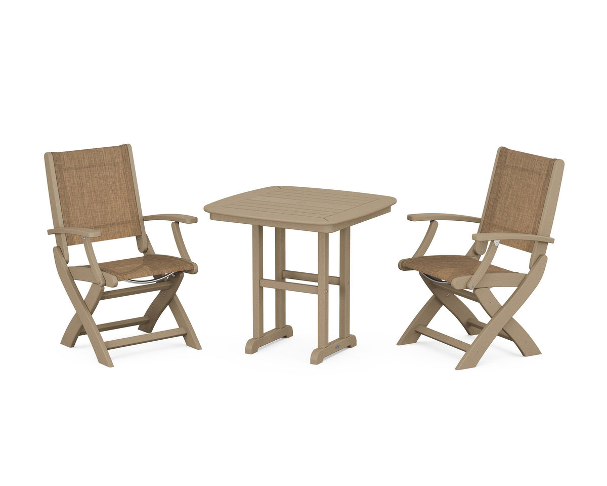 POLYWOOD Coastal Folding Chair 3-Piece Dining Set in Vintage Sahara / Burlap