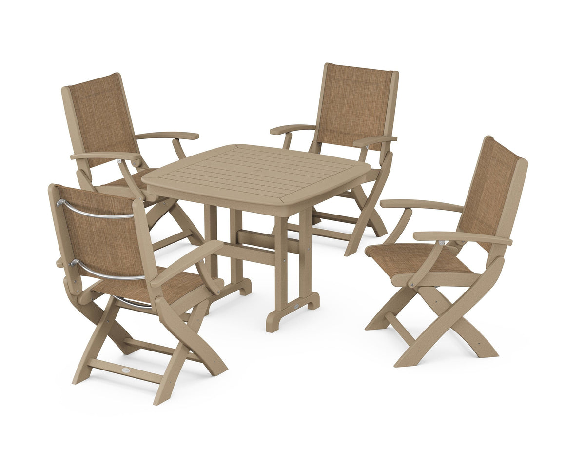 POLYWOOD Coastal Folding Chair 5-Piece Dining Set with Nautical 37" Dining Table in Vintage Sahara / Burlap