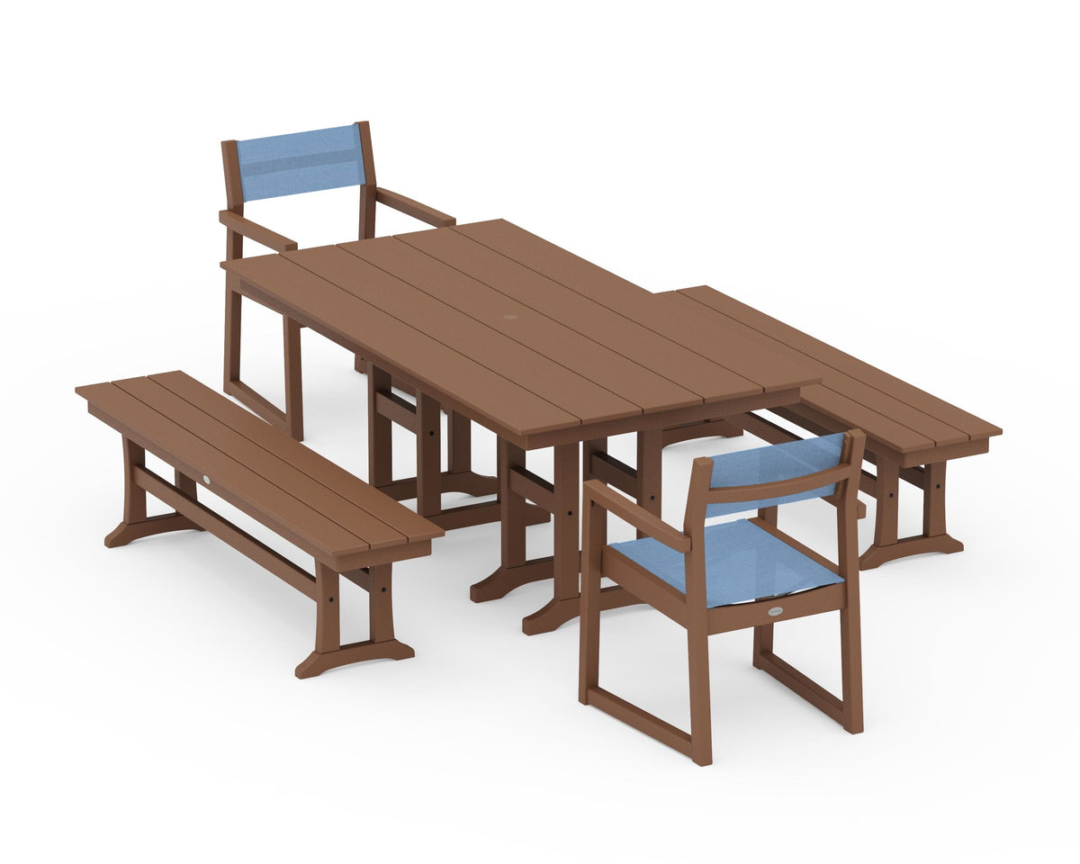 POLYWOOD EDGE Sling Arm Chair 5-Piece Farmhouse Dining Set with Benches in Teak / Poolside