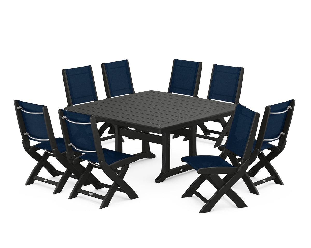 POLYWOOD Coastal Folding Side Chair 9-Piece Dining Set with Trestle Legs in Black / Navy Blue