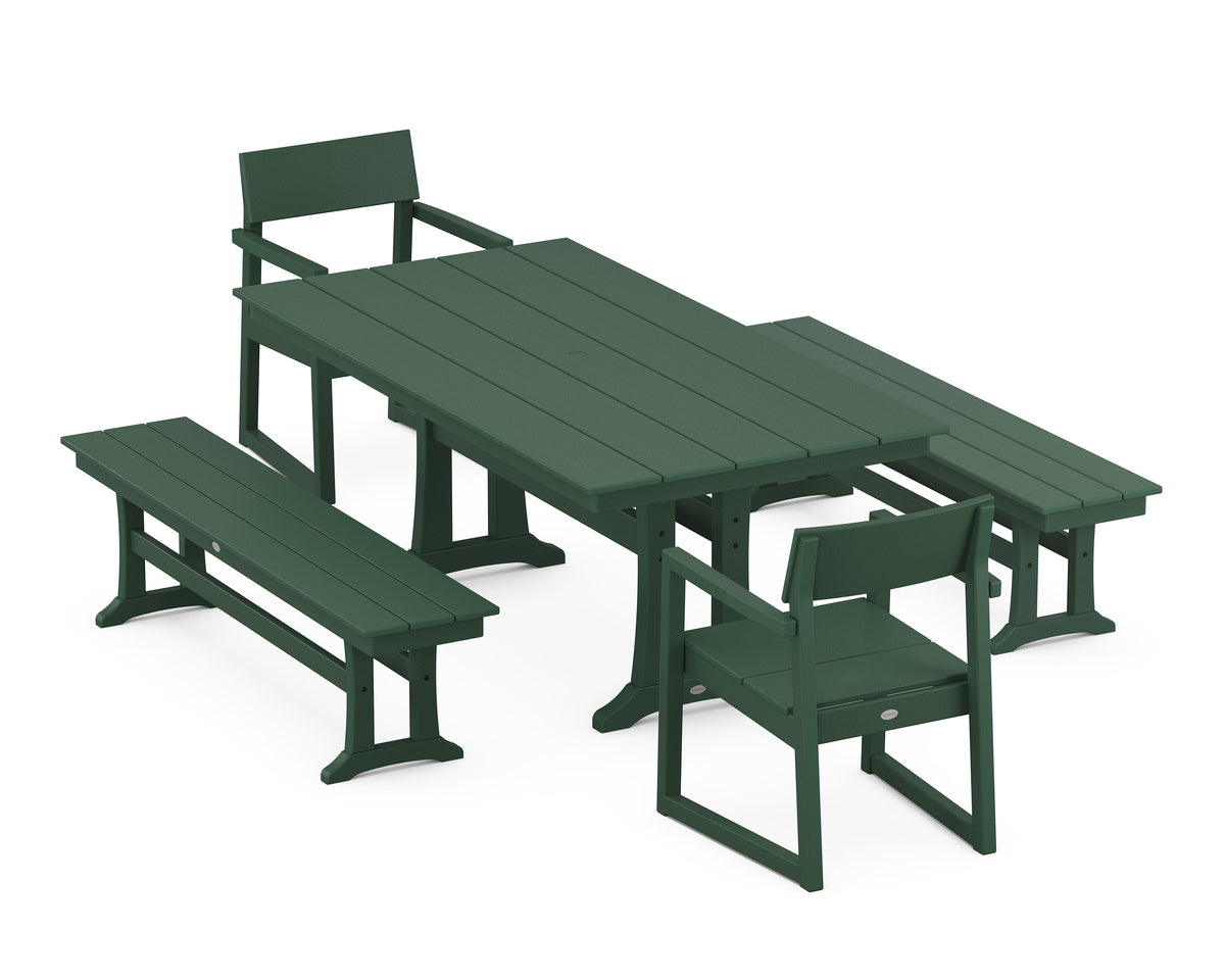 POLYWOOD EDGE 5-Piece Farmhouse Dining Set with Trestle Legs (Farmhouse Trestle 37" x 72" Table) in Green