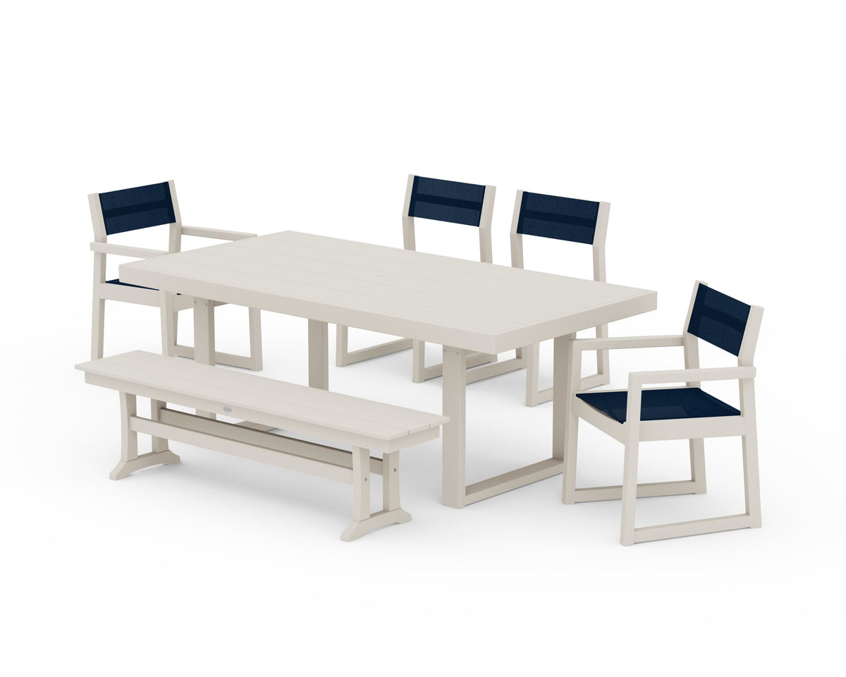 POLYWOOD EDGE Sling 6-Piece Dining Set with Bench in Sand / Navy Blue
