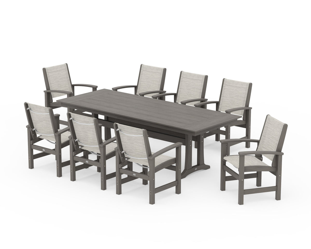 POLYWOOD Coastal 9-Piece Farmhouse Dining Set with Trestle Legs in Driftwood / Birch