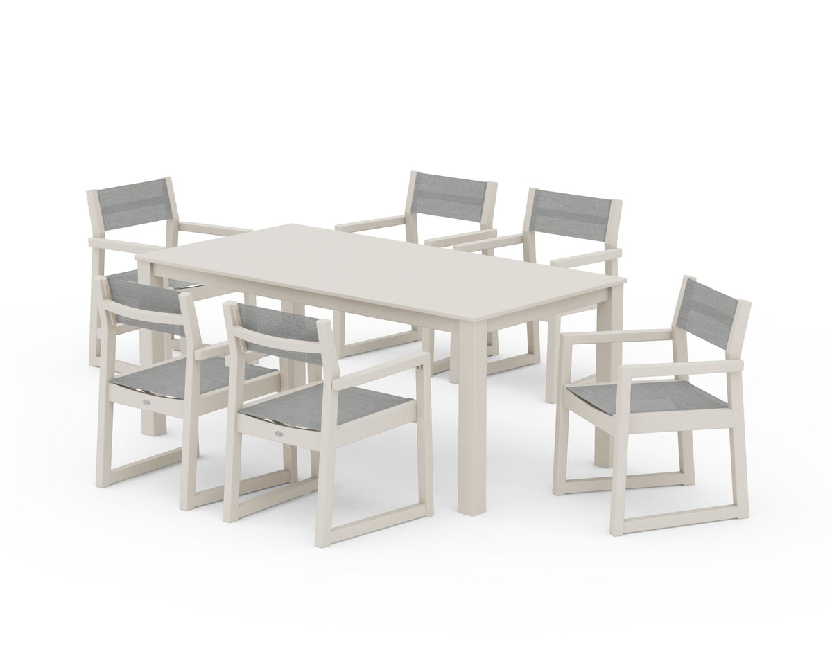 POLYWOOD EDGE Sling Arm Chair 7-Piece Parsons Dining Set in Sand / Metallic