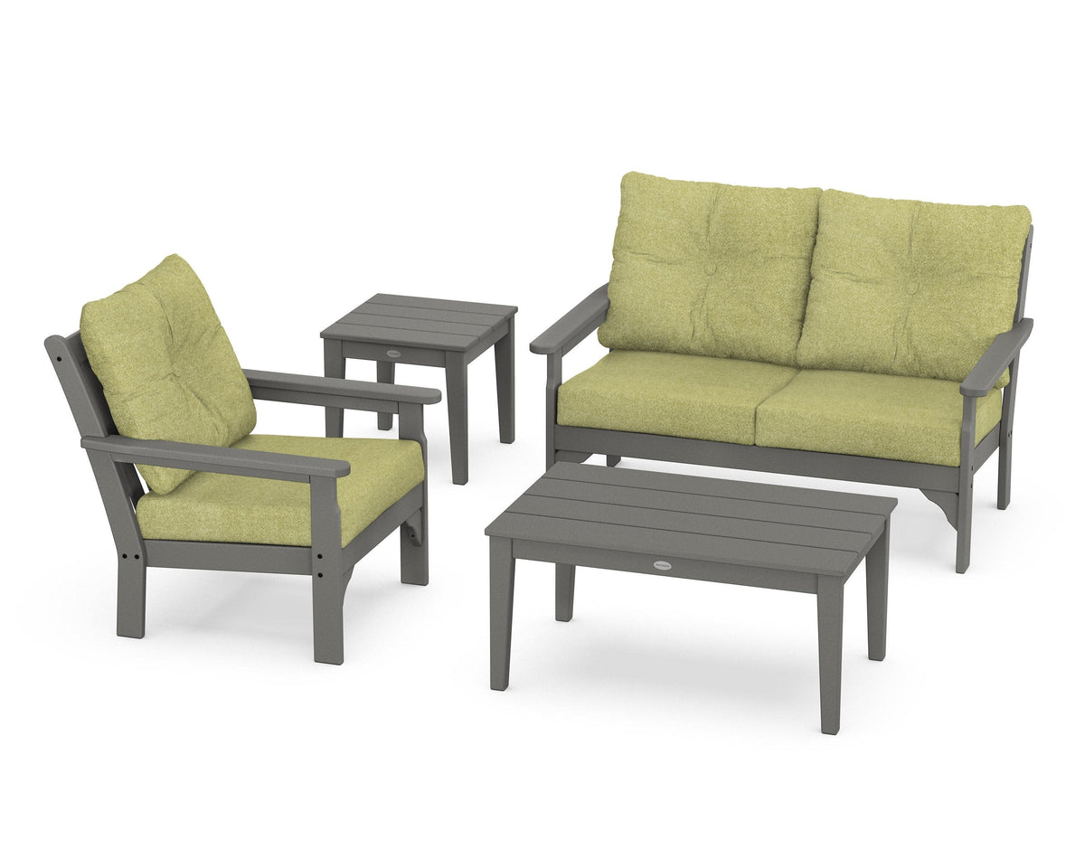 POLYWOOD Vineyard 4-Piece Deep Seating Set with 36" Coffee Table in Slate Grey / Chartreuse Boucle