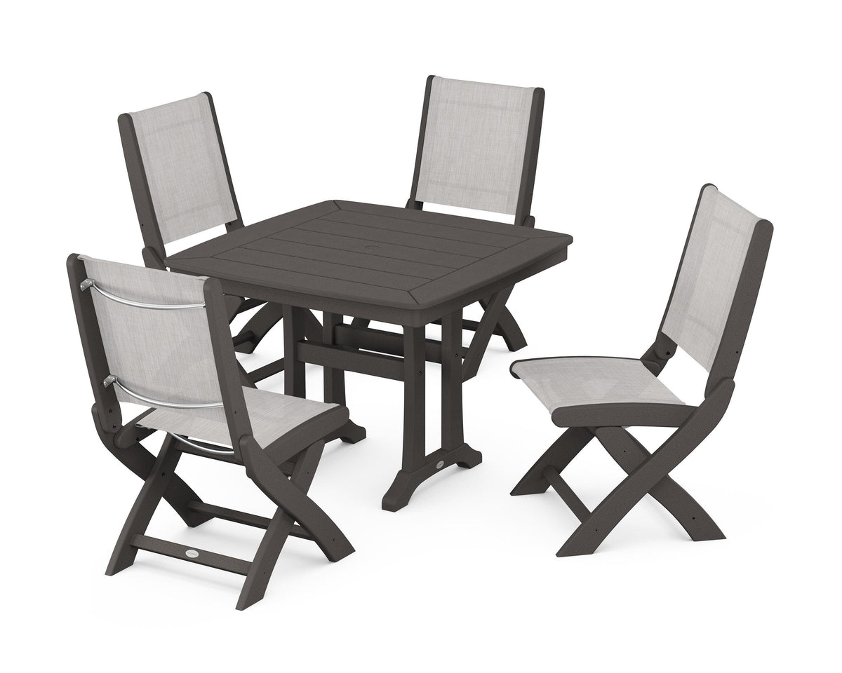 POLYWOOD Coastal Folding Side Chair 5-Piece Dining Set with Trestle Legs in Vintage Coffee / Parchment