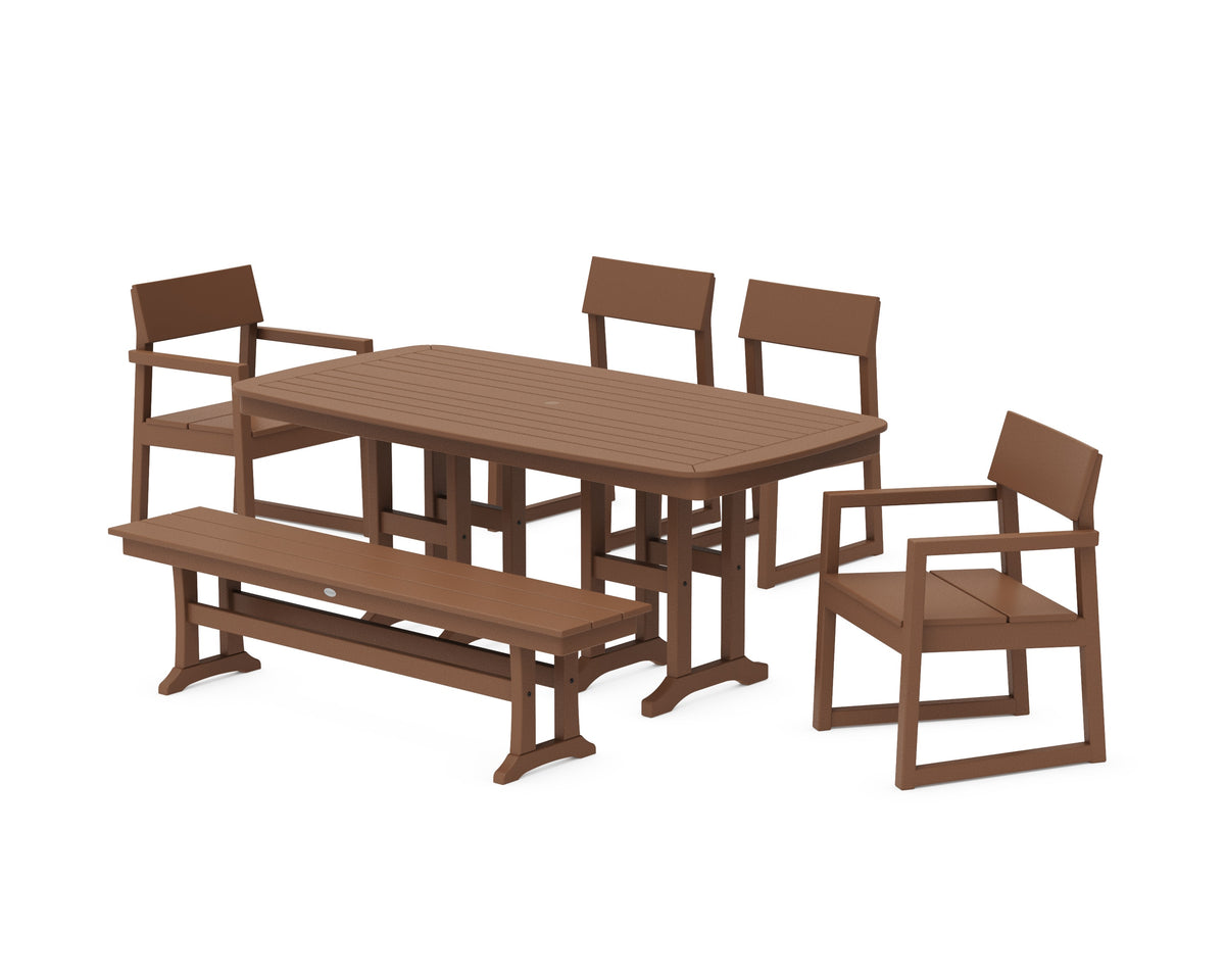 POLYWOOD EDGE 6-Piece Dining Set with Bench (Nautical 37" x 72" Table) in Teak