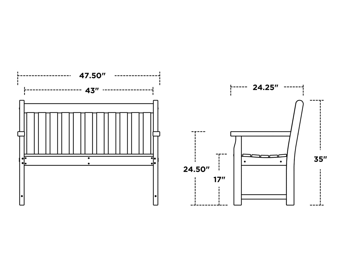 POLYWOOD Traditional Garden 48" Bench dimension drawing with width, depth and height measurements