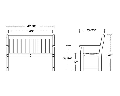 POLYWOOD Traditional Garden 48" Bench dimension drawing with width, depth and height measurements