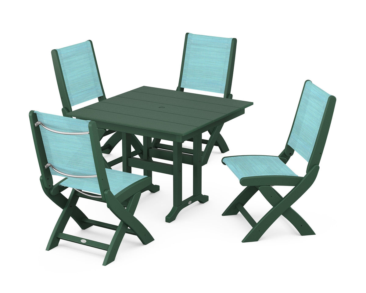 POLYWOOD Coastal Folding Side Chair 5-Piece Farmhouse Dining Set in Green / Dupioni Aquamarine