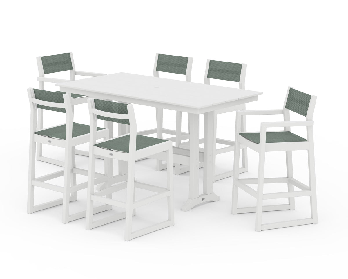 POLYWOOD EDGE Sling 7-Piece Farmhouse Bar Set with Trestle Legs in White / Dupioni Sea Mist