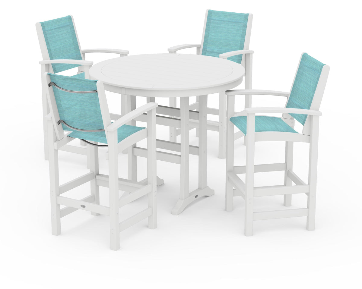 POLYWOOD Coastal 5-Piece Nautical Trestle Bar Set in White / Dupioni Aquamarine