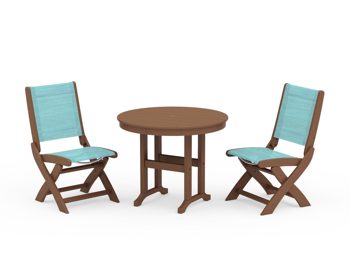 POLYWOOD Coastal Folding Side Chair 3-Piece Round Dining Set in Teak / Dupioni Aquamarine