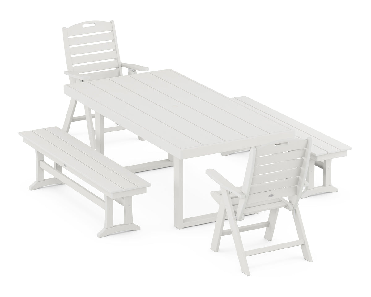 POLYWOOD Nautical Folding Highback 5-Piece Dining Set with Trestle Legs in Vintage White