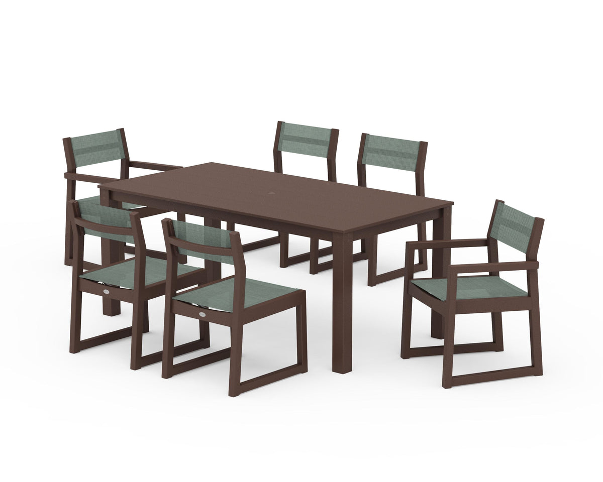 POLYWOOD EDGE Sling 7-Piece Parsons Dining Set in Mahogany / Dupioni Sea Mist
