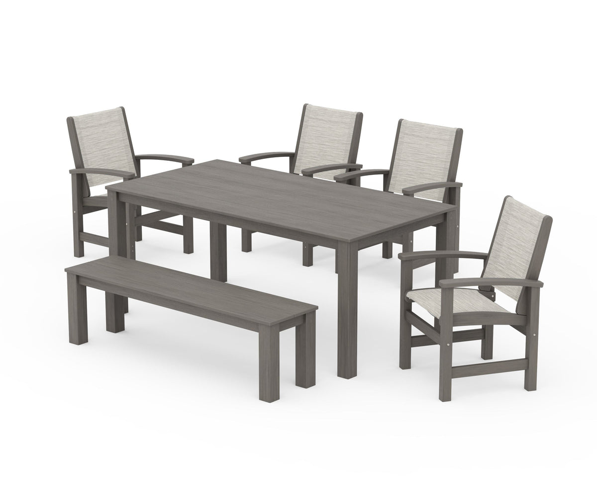 POLYWOOD Coastal 6-Piece Parsons Dining Set with Bench in Driftwood / Birch