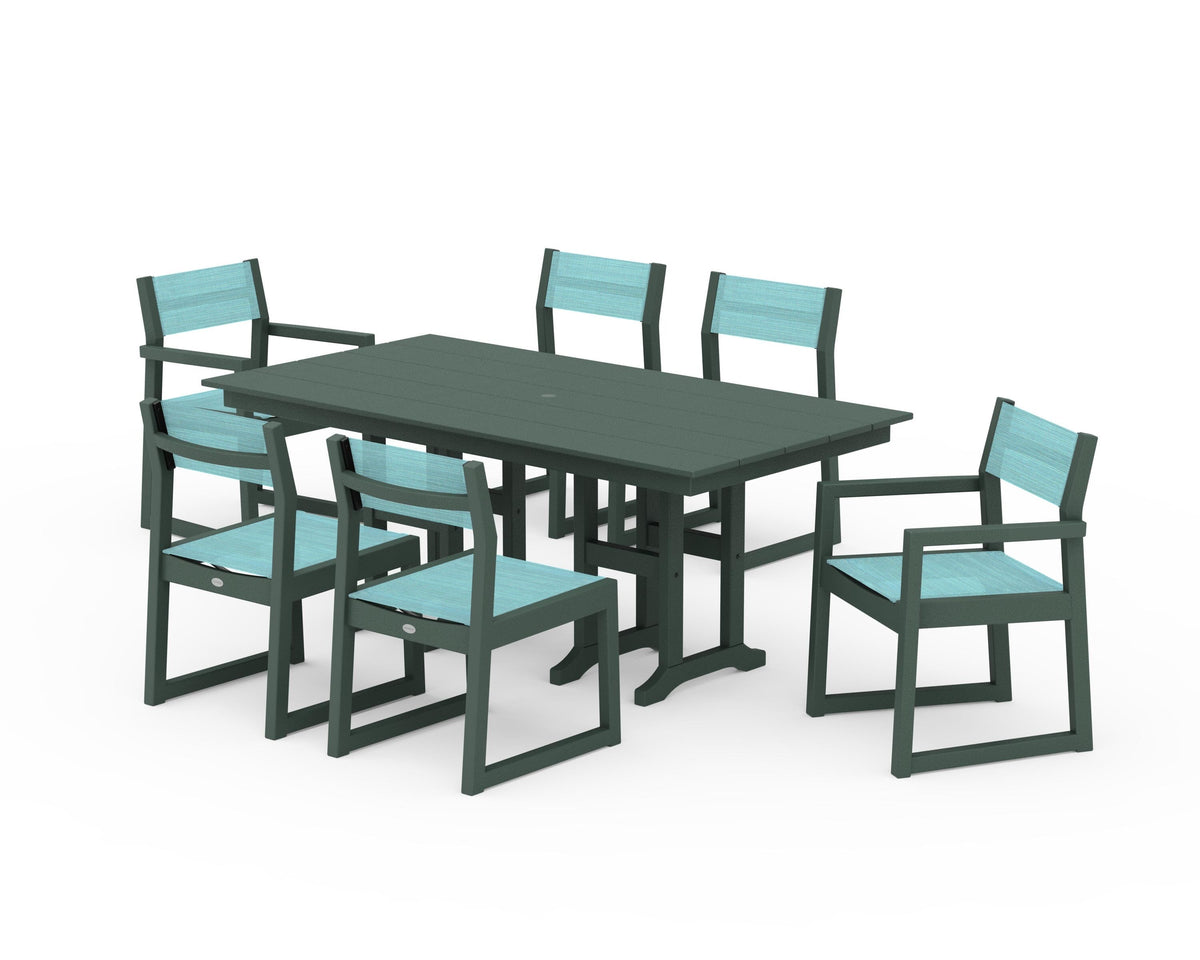 POLYWOOD EDGE Sling 7-Piece Farmhouse Dining Set in Green / Dupioni Aquamarine
