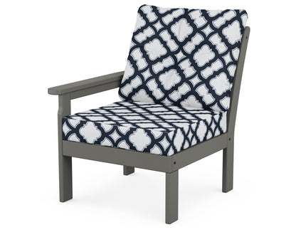 POLYWOOD Vineyard Modular Left Arm Chair in Slate Grey / Trellis Marine Indigo