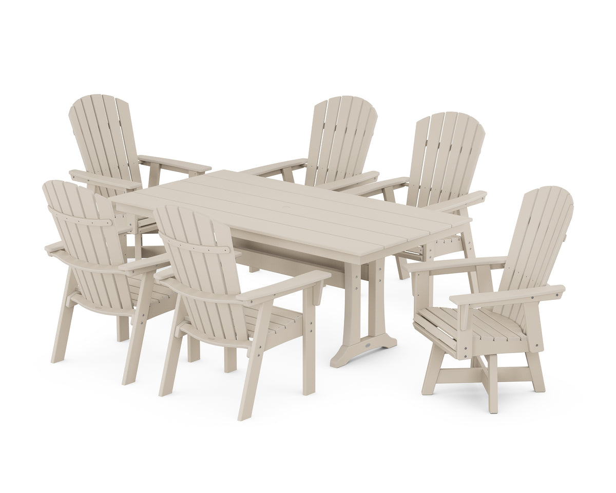 POLYWOOD Nautical Curveback Adirondack Swivel Chair 7-Piece Farmhouse Dining Set with Trestle Legs in Sand