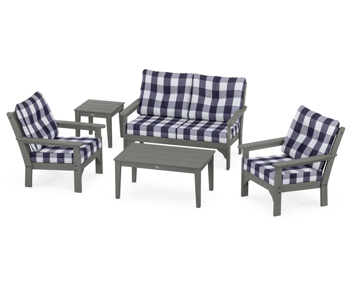 POLYWOOD Vineyard 5-Piece Deep Seating Set with Two Chairs and Loveseat in Slate Grey / Buffalo Plaid Navy