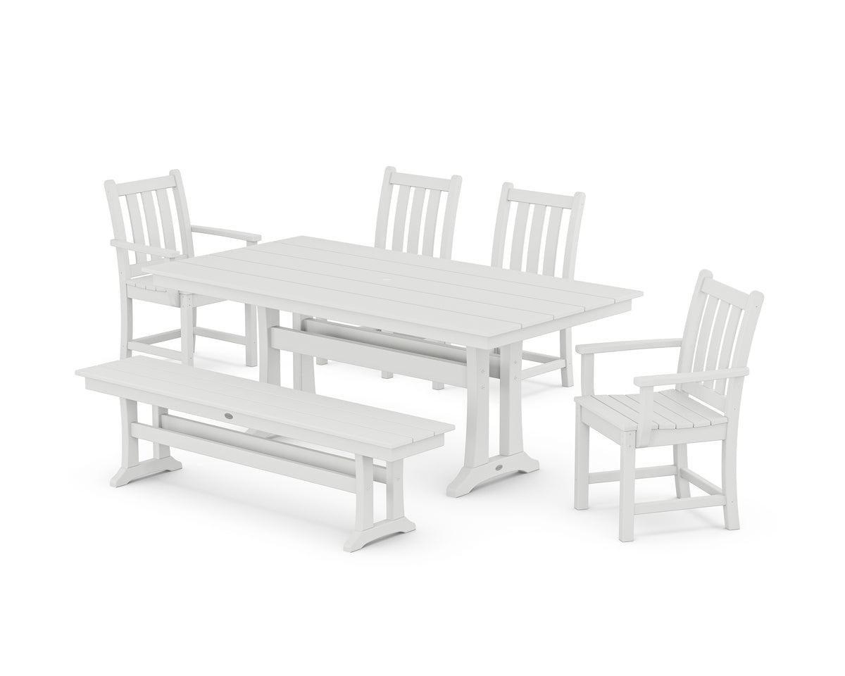POLYWOOD Traditional Garden 6-Piece Farmhouse Dining Set with Trestle Legs and Bench in White