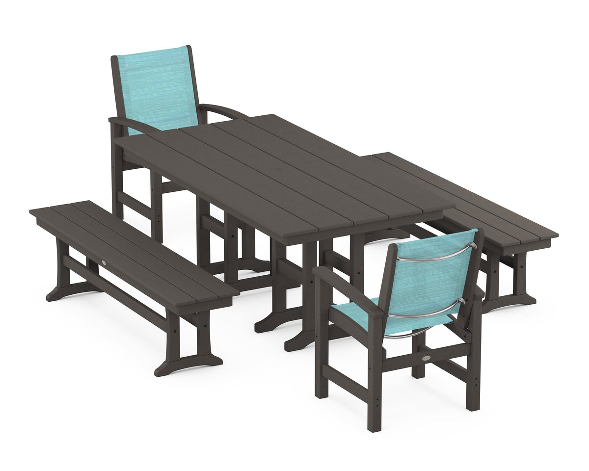 POLYWOOD Coastal 5-Piece Farmhouse Dining Set with Farmhouse 37" x 72" Dining Table in Vintage Coffee / Dupioni Aquamarine