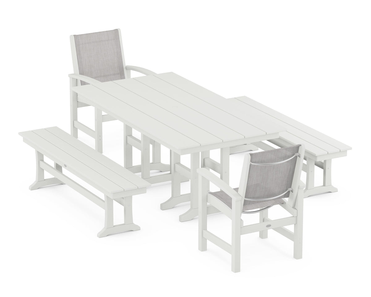 POLYWOOD Coastal 5-Piece Farmhouse Dining Set with Farmhouse 37" x 72" Dining Table in Vintage White / Parchment