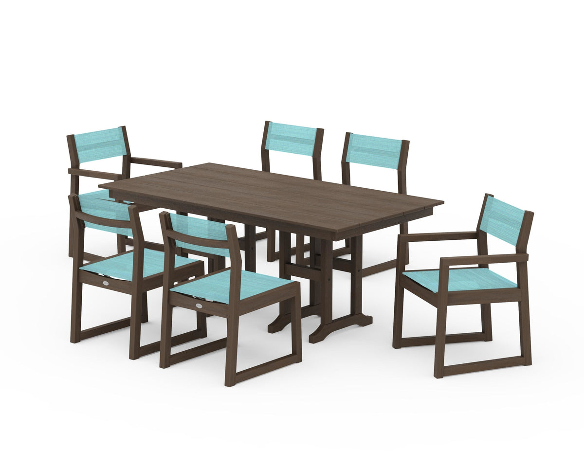 POLYWOOD EDGE Sling 7-Piece Farmhouse Dining Set in Kona / Dupioni Aquamarine