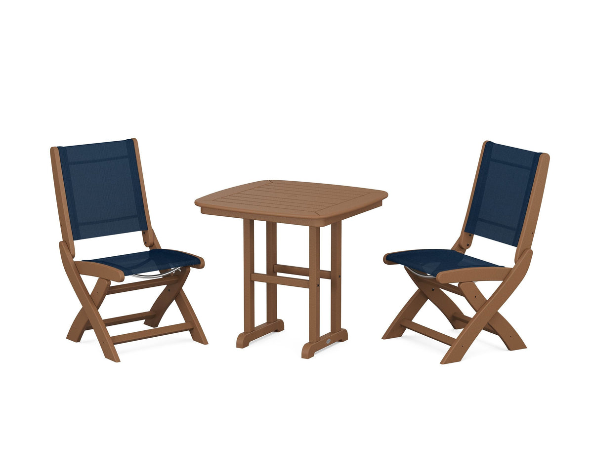 POLYWOOD Coastal Folding Side Chair 3-Piece Dining Set in Teak / Navy Blue