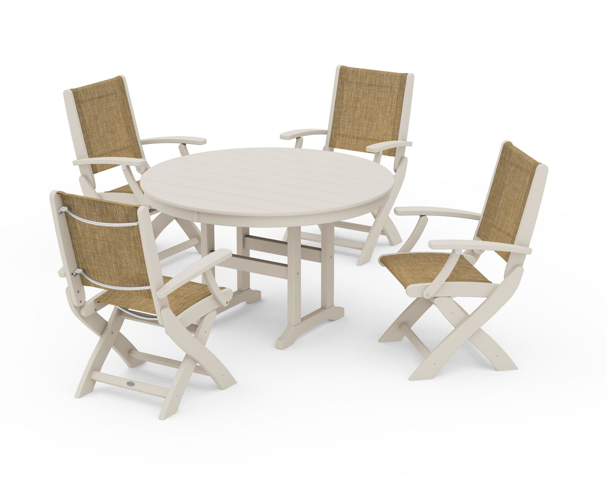 POLYWOOD Coastal Folding Chair 5-Piece Round Dining Set in Sand / Burlap